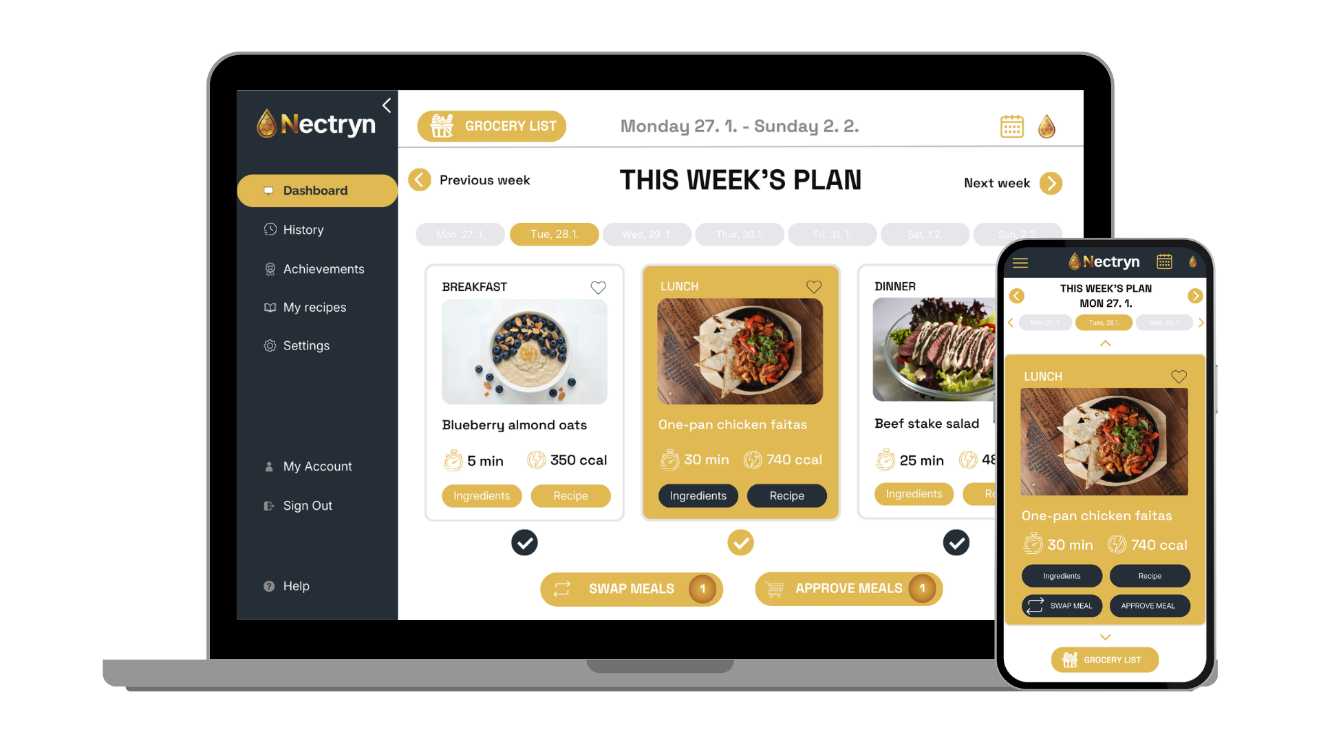 Nectryn meal planning dashboard - desktop and mobile view